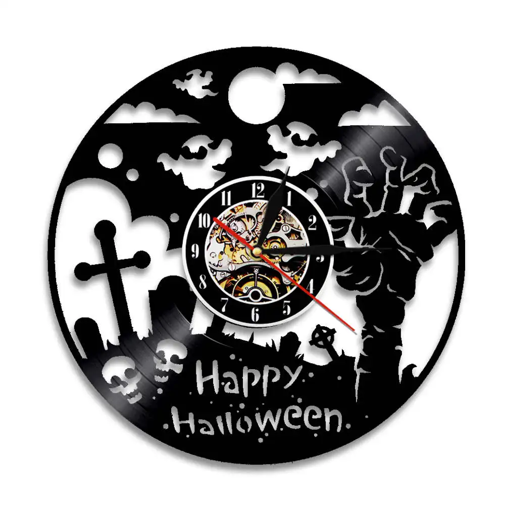 Happy Halloween Decorative Black Wall Clock Horror Decoration Zombie Hand Vintage Vinyl Record Wall Art Silent Quartz Wall Watch