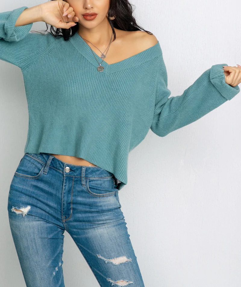 

2020 Basic V-Neck Solid Autumn Winter Sweater Pullover Women Female Knitted Sweater Slim Long Sleeve Badycon Sweater