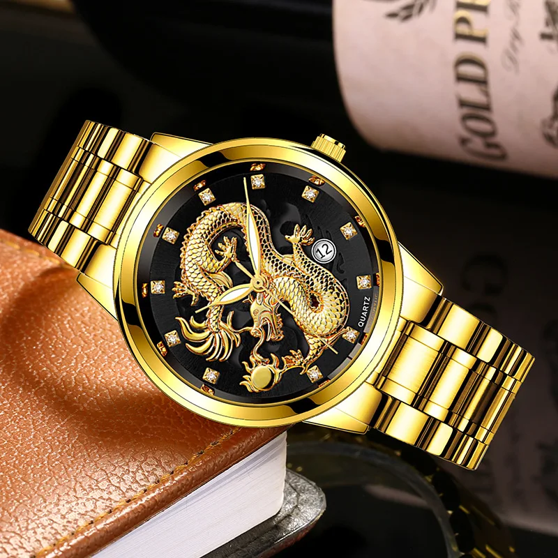 

New Golden Mens Watches Top Brand Luxury Chinese Dragon Watch Business Full Steel Quartz Clock Male Relogio Masculino