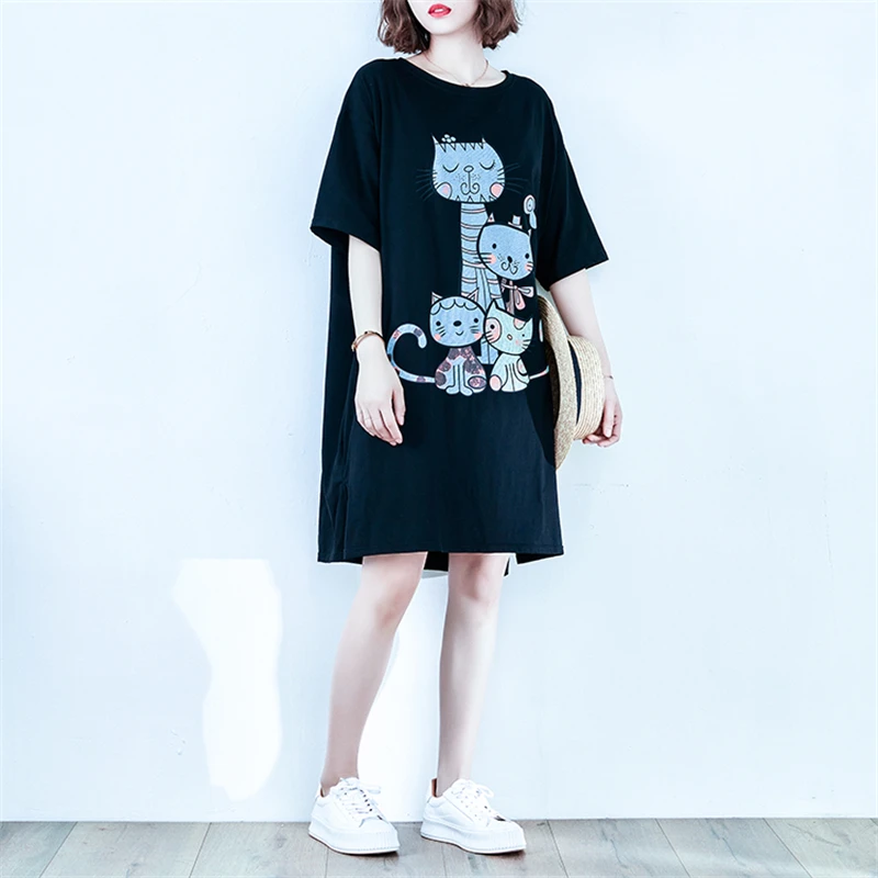 

BIG SIZE Summer Women Fashion Kawaii Cat Print Tops Tee Ladies Female Plus Large Short Sleeve Cotton Loose T shirt Tshirt Dress