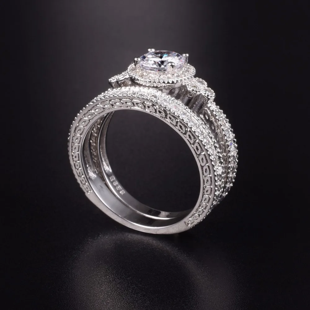 Vintage 925 Sterling Silver 1.5ct Simulated Diamond Ring set 2-in-1 Female jewelry Luxury Wedding Rings For Women size 5-10 | Украшения и