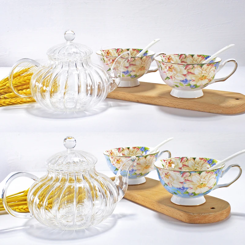 Набор из 3 предметов, чайник из прозрачного стекла и чашки из костяного фарфора, кофейник с дизайном тыквы, чайный набор tazas, изящный чайный сервиз