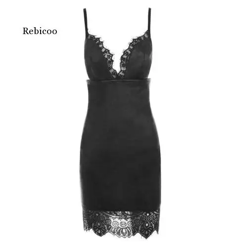 

Fashion Women Sexy Slim Bodycon Dress Summer Club Wear Sleeveless Deep V-Neck Leather Lace Mini Pencil Dresses