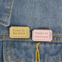 tickets to happiness anywhere pins romantic ticket pink brown vintage enamel pin badge bag denim jackets lapel pin brooches gift