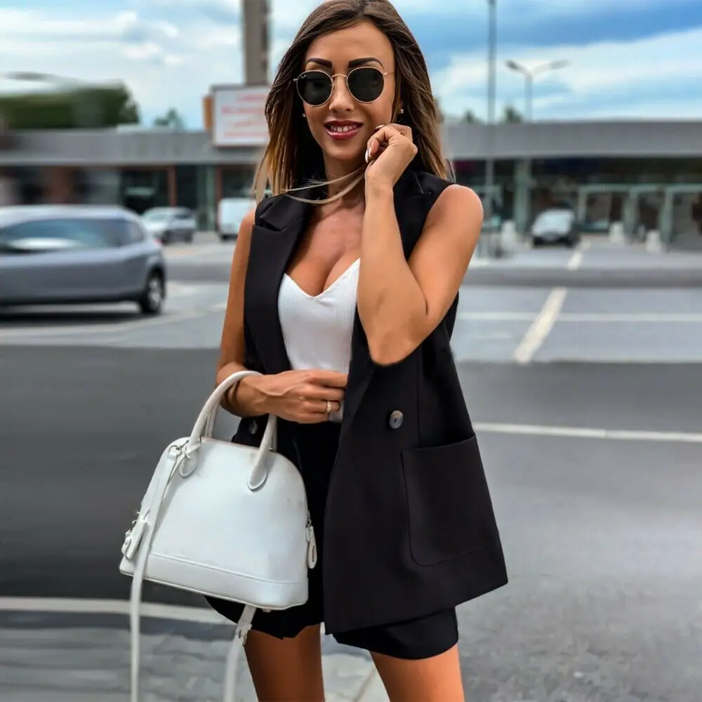 

2021 Fashion Women 2 Piece Sets Blazer Sleeveless + Shorts With Pokcets Office Ladies Double Button Short Pants Vest Sets
