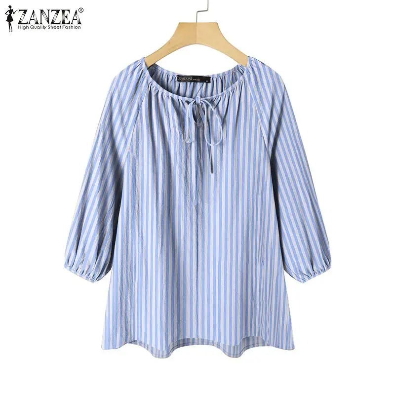 

2022 Spring Summer Women Striped Printed Blouse Shirts ZANZEA 3/4 Puff Sleeve Tops Oversized Casual Bandage O-neck Blusa Femme