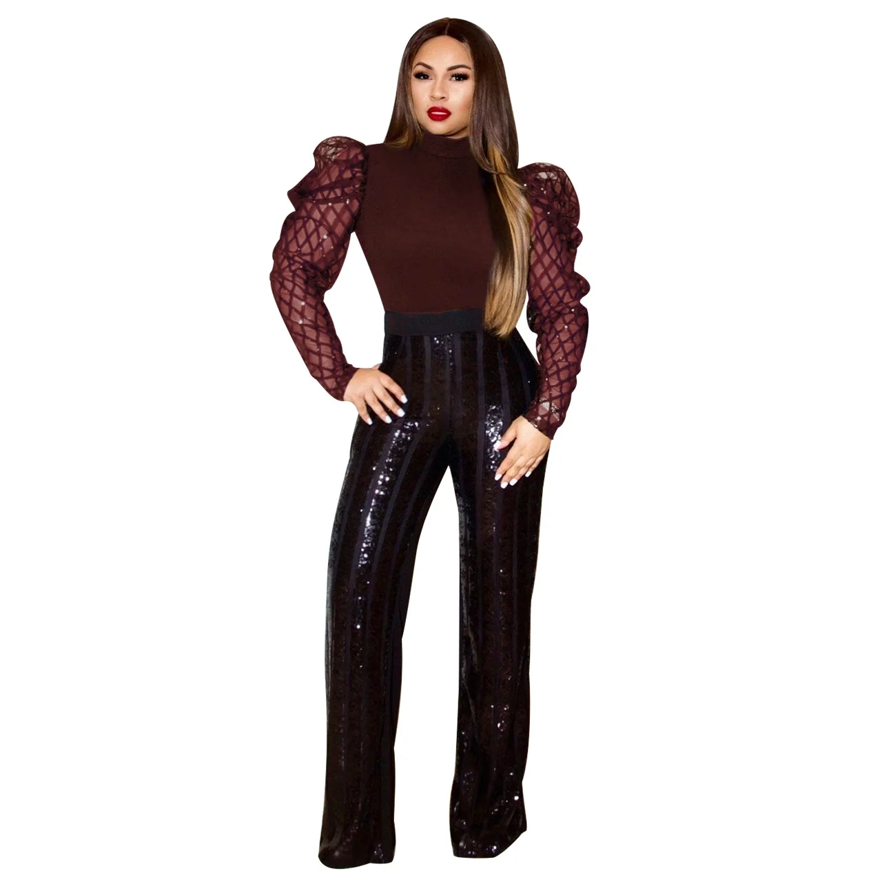 Женские Новые осенне-зимние футболки с длинными рукавами-фонариками и блестками