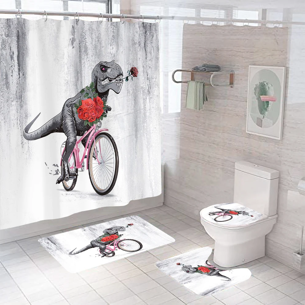 

Cute Dinosaur Printed Bathroom 4pcs Anti-slip Carpet Mat Toilet Mat Waterproof Animal Bathroom Curtain With 12 Hooks