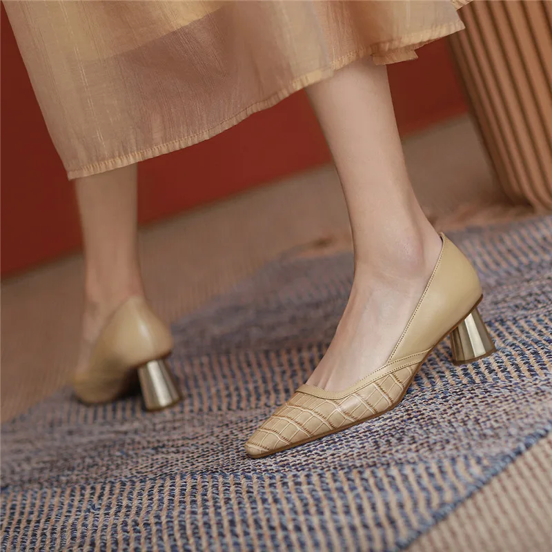 

Asumer 2021 Vintage Genuine Leather Shoes Newest Women Pumps Square Toe Slip On Single Shoes High Heels Dress Shoes Ladies