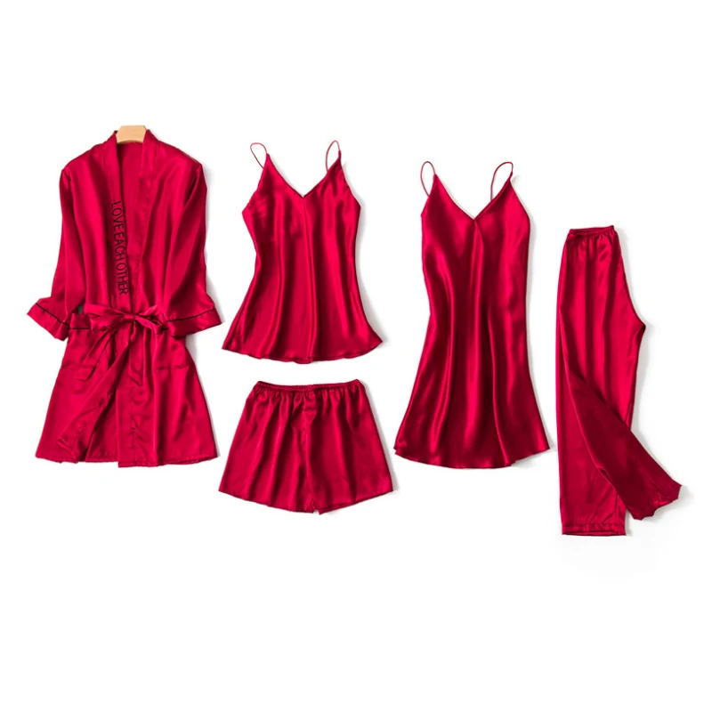 Женские пижамы 2020 5 шт. в наборе шелковая атласная однотонная Пижама сексуальные