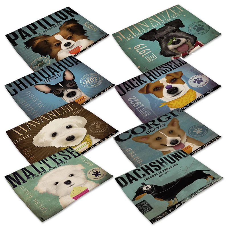 Печатный льняная салфетка коврик для стола обеденного в виде милой собаки