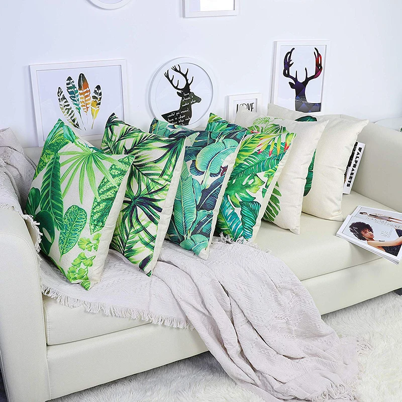 

1PCs Tropical Plants Cushion Cover Palm Leaf Green Leaves Monstera Hibiscus Flower Decorative Linen Pillow Case Cushion Covers