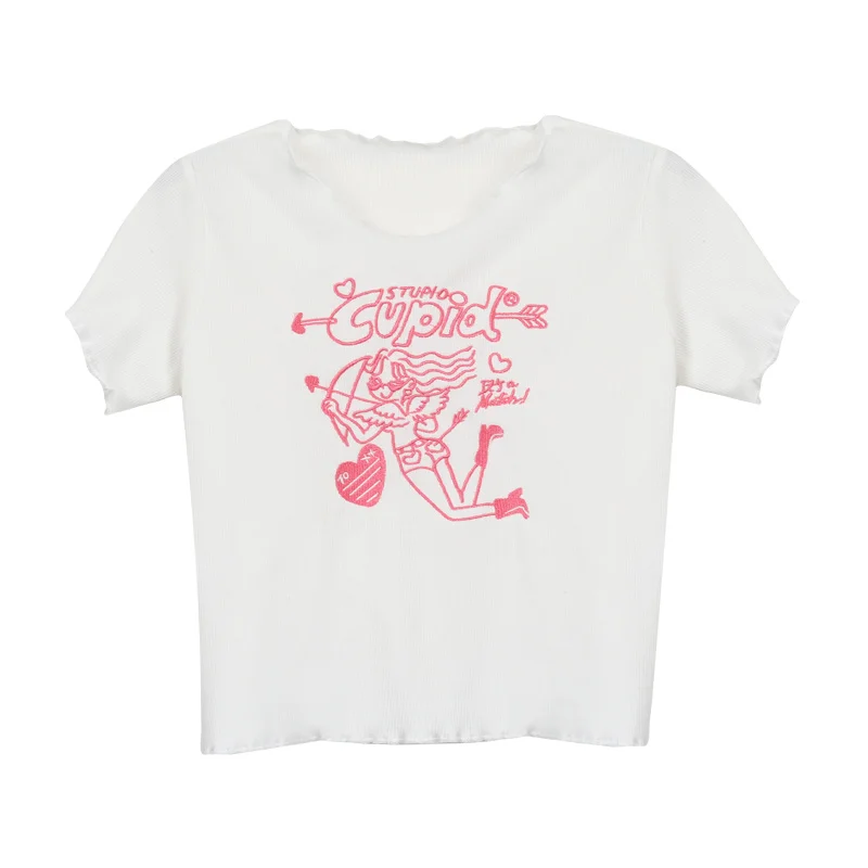Girls' Embroidered T-shirt Short Sleeve Hot Girl Base Coat Summer Korean Slim Fit BM Style White Top | Женская одежда