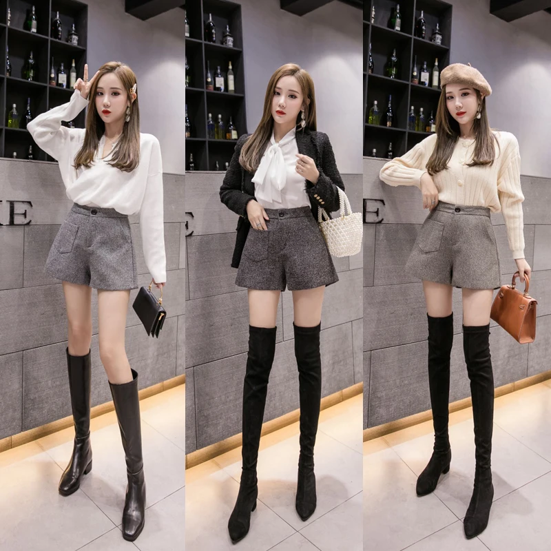 

Korean style women's casual woolen shorts high waist loose wide leg a-line shorts women autumn winter plus size femme shorts