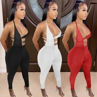 2022 new hot womens sexy tight solid color bandage hollow out jumpsuit sexy nightclub womens wear