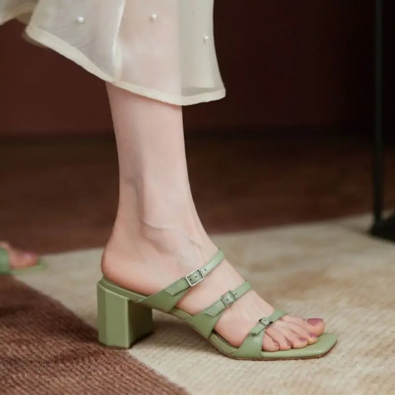 

KemeKiss New Summer Women Sandals Shoes Square Toe Slip On Buckle Thick High Heels Daily Casual Female Footwear Size 34-39