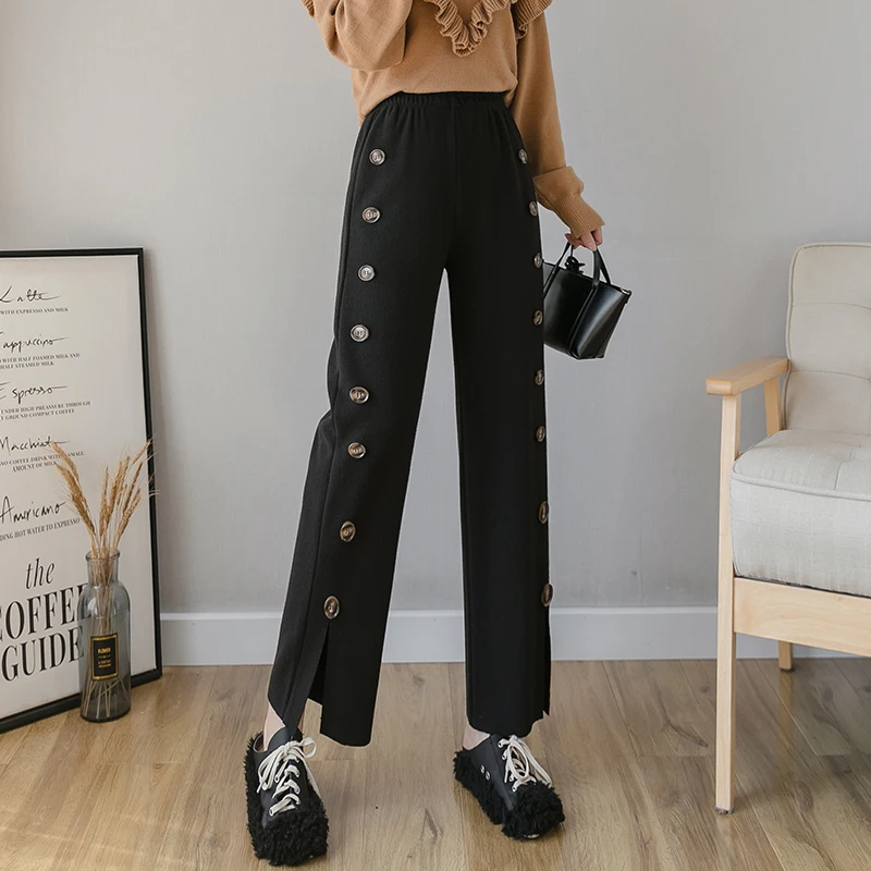 Женские вязаные широкие брюки REALEFT повседневные свободные с пуговицами в стиле