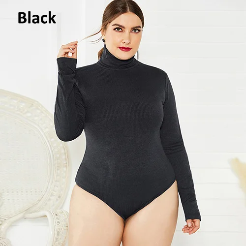 BHflutter 4XL 5XL 6XL Плюс Размер зимний комбинезон женский вязаный боди с длинным рукавом Повседневный водолазка комбинезоны - Цвет: Черный