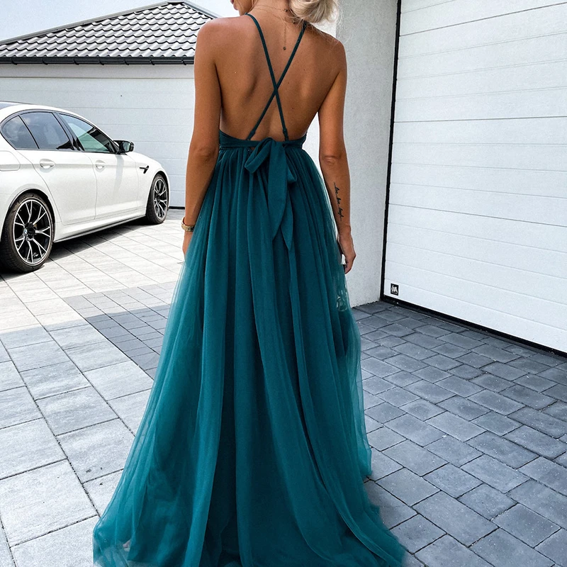 Женское вечернее длинное платье на бретельках элегантное однотонное Сетчатое с