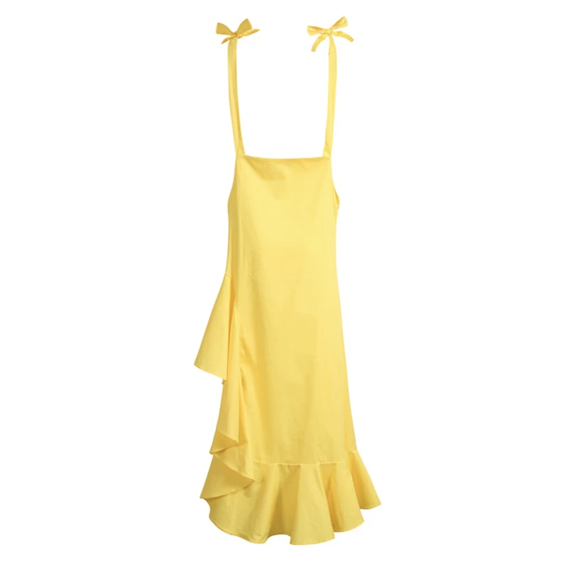

CHICEVER Casual Yellow Dress For Women Square Collar Sleeveless High Waist Mid Solid Ruffles Dresses Females Fashion 2021 Summer