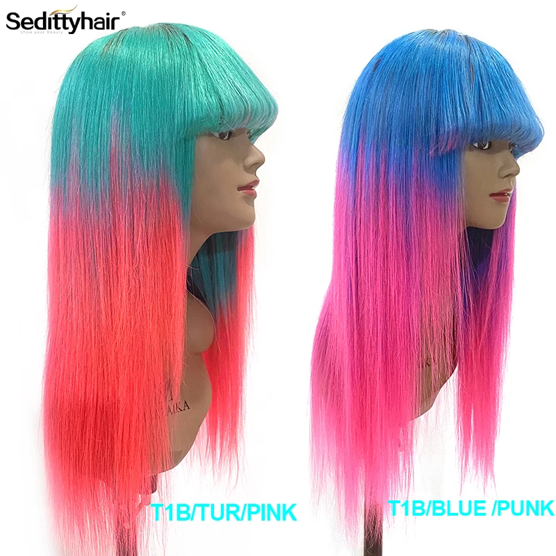 Sedittyhair Straight pink color Human Hair Wigs With Bangs  Fringe Wig blue Human Hair Wigs Cheap Brazilian Remy ombre blue Wig