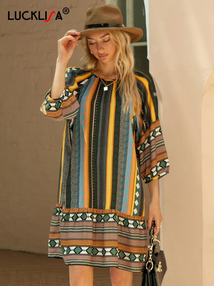 

Платье Lucklisa в стиле бохо с принтом пейсли, с длинным рукавом 3/4, свободное прямое вечернее платье, модное весеннее Новое Платье До Колена с ри...