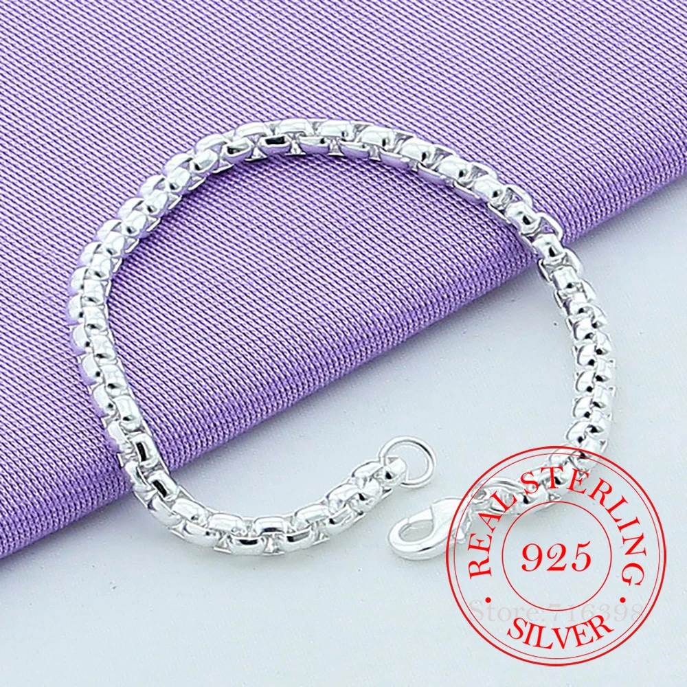 100% Real 925 Sterling Silver Round Box Chain Bracelets For Women Fashion Charm Wedding Engagement Party Jewelry