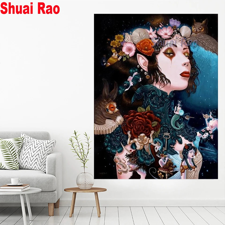 flower owl woman 3D diy Diamond painting cross stitch full square Round 5D New Embroidery amazing girl top gift | Дом и сад
