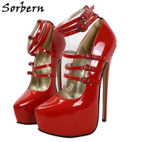 sorbern shiny red women pump 22cm high heels genuine leather pointed toe ankle wrap strap platform heel shoes fetish party shoes