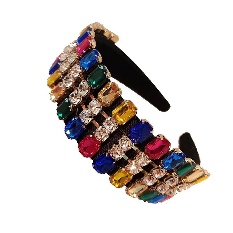 

Handmade Vintage Colorful Rhinestone Hairband Women Court Luxury Broad Heaband Non-slip Lady Baroque Glitter Hair Accessories