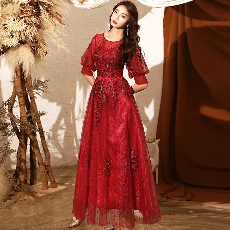 

Sweet Hollow Out Bud Sleeve Lady Evening Dress Bling Sequins Applique Bridesmaid Wedding Party Gown Elegant A-Line Dresses Skirt