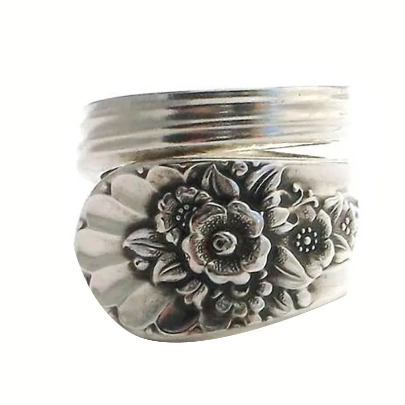 

New Retro Flower Pattern Spoon Shaped Ring Women's Ring Fashion Metal Vintage Ring Accessories Party Jewelry Size 6-10