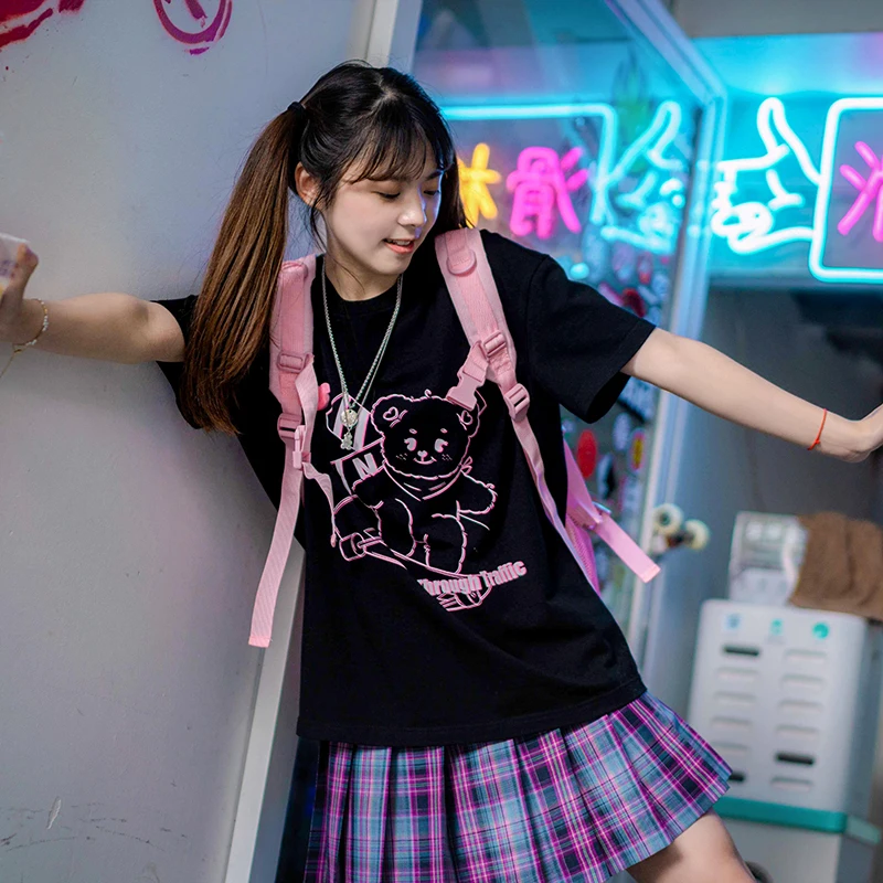 УКОРОЧЕННЫЙ топ Kawaii с принтом E girl Bear зеленая футболка Y2K летняя женская одежда в