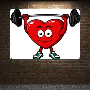 Strong Red Heart Workout Banner Wall Hanging Inspirational Weightlifting Poster Tapestry 4 Grommets Custom Flag Gym Wall Decor