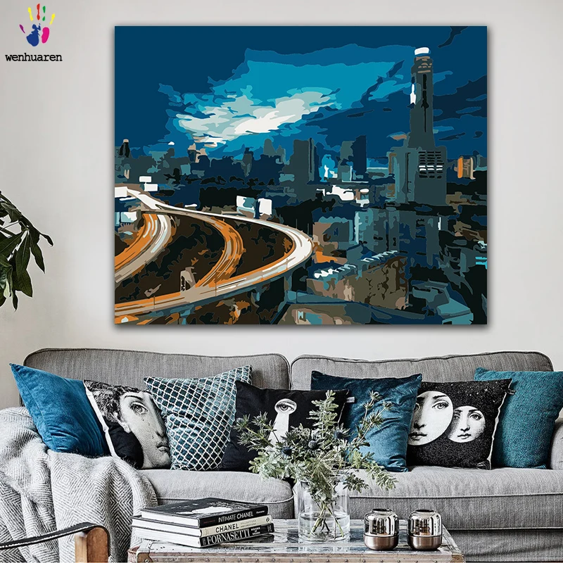 DIY картинки для раскраски по номерам с цветами шоссе под ночью картина Рисование