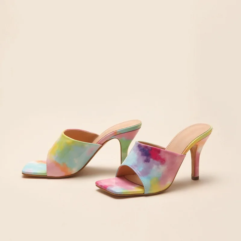 

Summer Peep-toe Slippers for Women Plus Thin Heels Sandals Women Zapatillas Mujer Rainbow Square Head High Heels Ladies