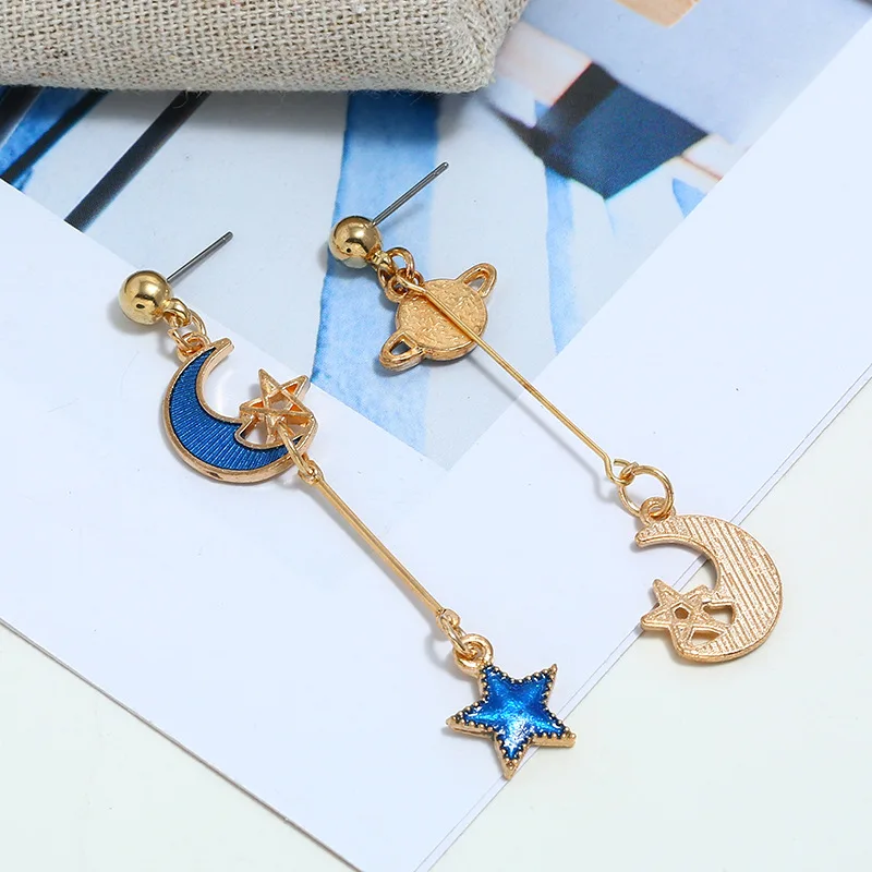 Japan and South Korea Small Fresh Earth Moon Starry Earrings Asymmetric Fashion Girl Wild Planet Long Painting Oil Ear Studs | Украшения и