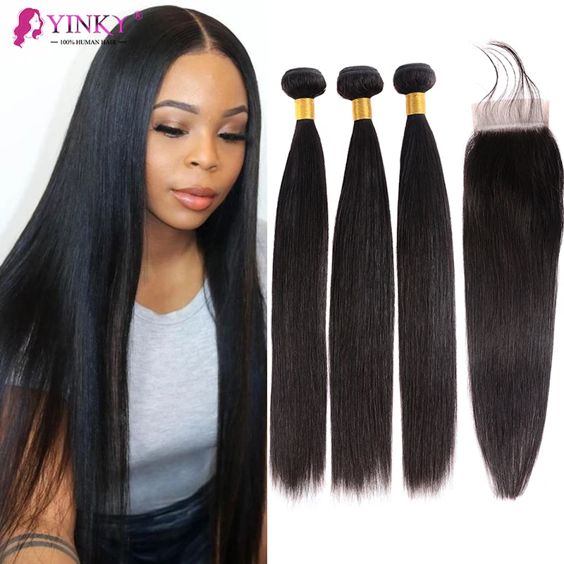 Bone Straight Hair Bundles With Closure Brazilian Hair Bundles With Closure 3/4 Bundles 30 32 Human Hair Bundles With Closure