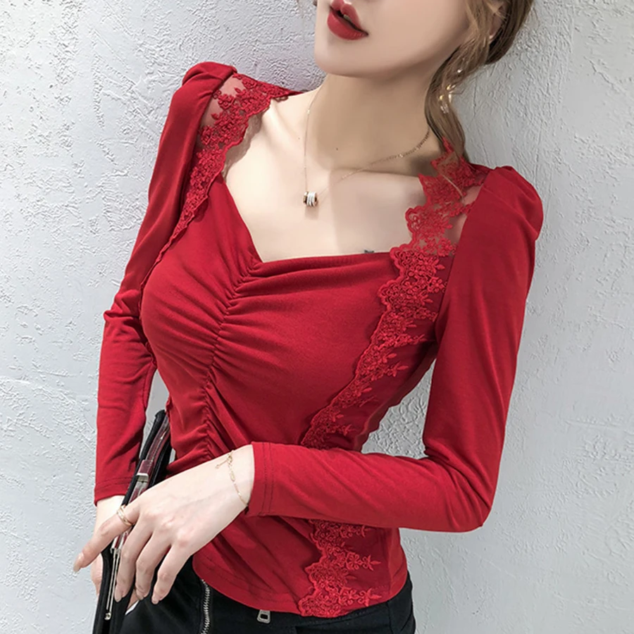Женская блузка 2020 Весенняя Сексуальная кружевная с v-образным вырезом