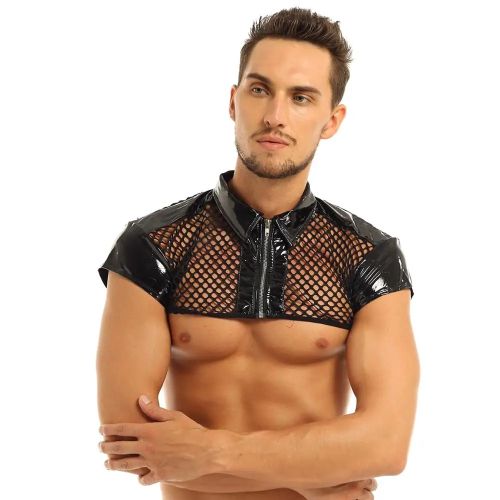 Мужская прозрачная сетчатая ажурная рубашка рукав-Кепка лакированная кожа