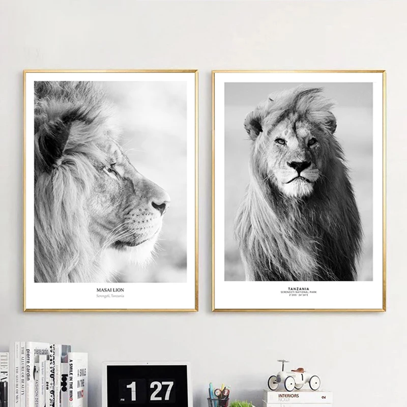 Плакат со львом и принт Черный белый цвета в африканском стиле Лев wall art диких