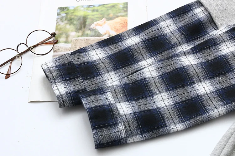 

Plaid Long Sleeve Hoodie Women's Sweatshirt Pocket Loose Casual Plus Size Hoodie Gray Black KKFY4935