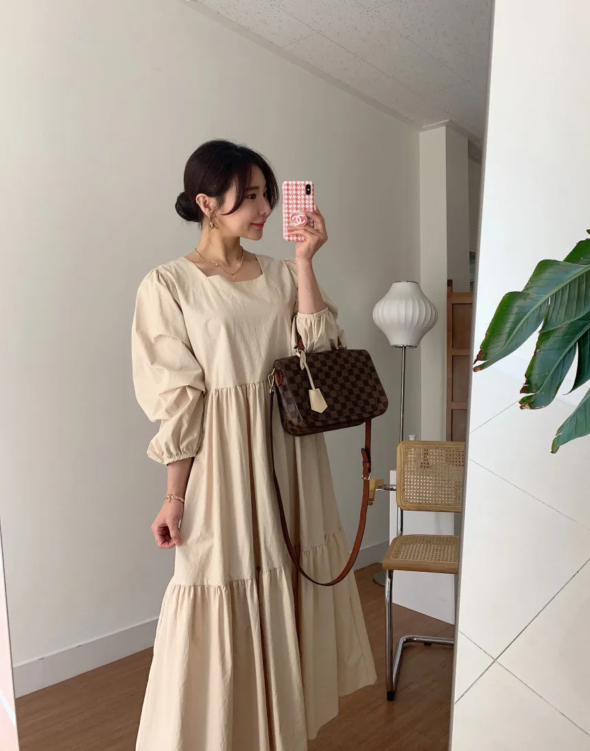 

2021 Korea French Elegant Square Collar Exposed Collarbone Loose Lantern Sleeve Y2K For Women Bodycon Dress