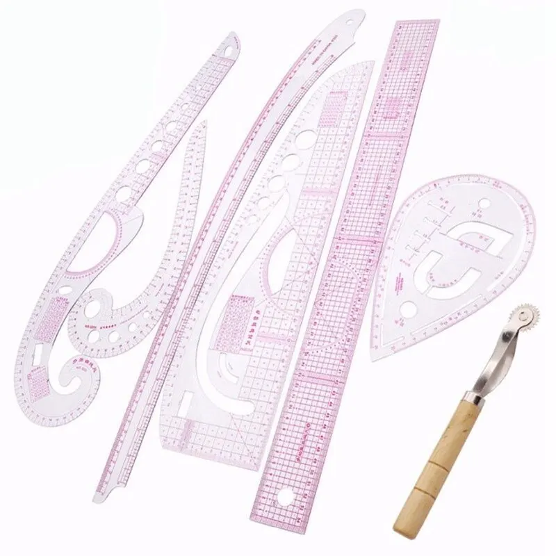 

7PCS/Set Yardstick Sleeve French Curve Metric Ruler Sewing Dressmaking Ruler Tailor Measuring Cutting Paddle Wheel Kit