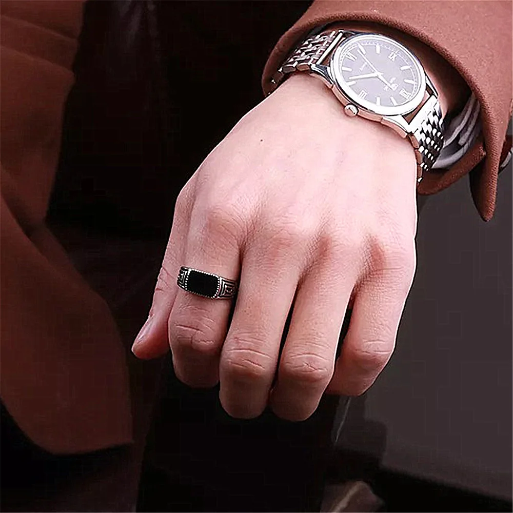 

Vintage carving black enamel rings for men white gold silver color masculine cool jewelry bijoux bague accessories party gifts