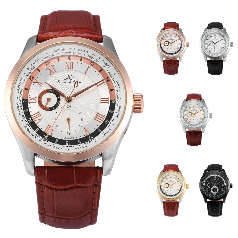 Автоматические полностью черные 24 часа в день римские аналоговые Мужские часы с