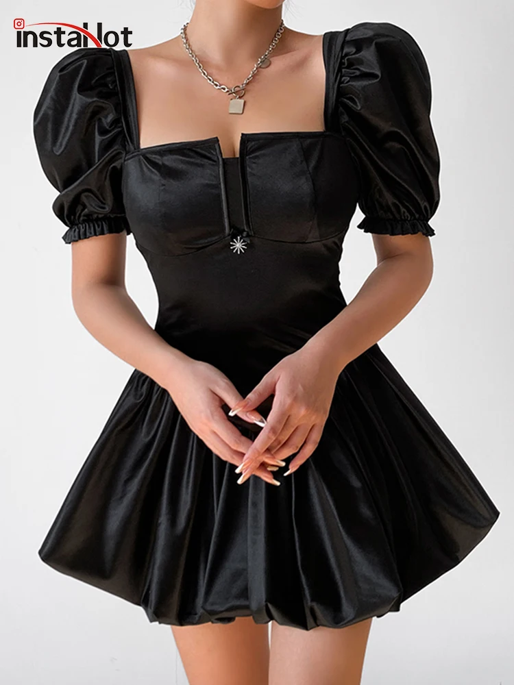 

InstaHot Y2K Satin Women Mini Dress Pleated Puff Sleeve Summer Bodycon Sexy Elegant Fashion Party Wedding Club Female Ckothing