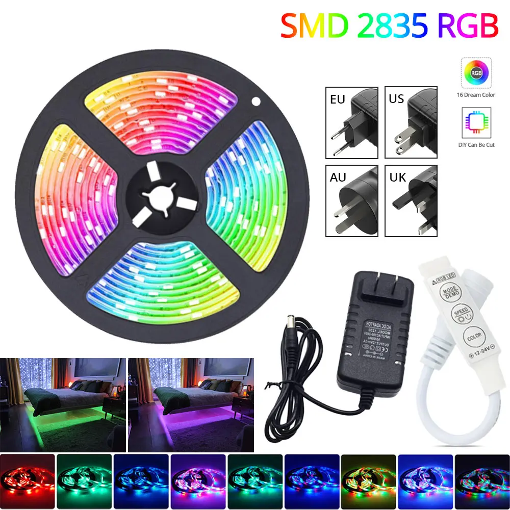 

5M LED Strip 2835 RGB Strip LED Light Flexible Ribbon Backlight Decoration DC 12V RGB Diode Tape 3key IR Controller