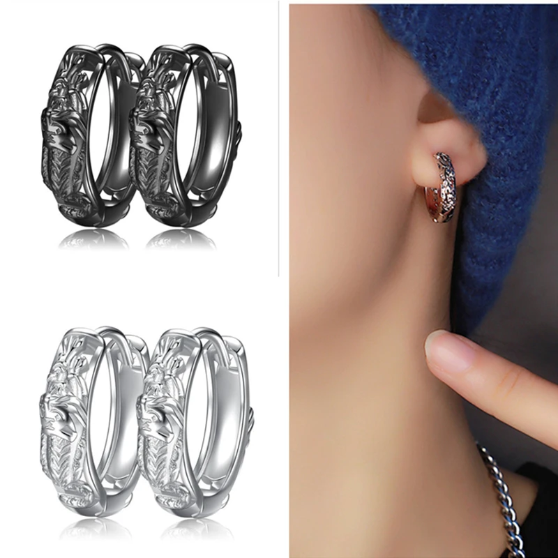 Серьги кольца мужские из серебра 925 пробы с тигровым принтом|Серьги-кольца| |