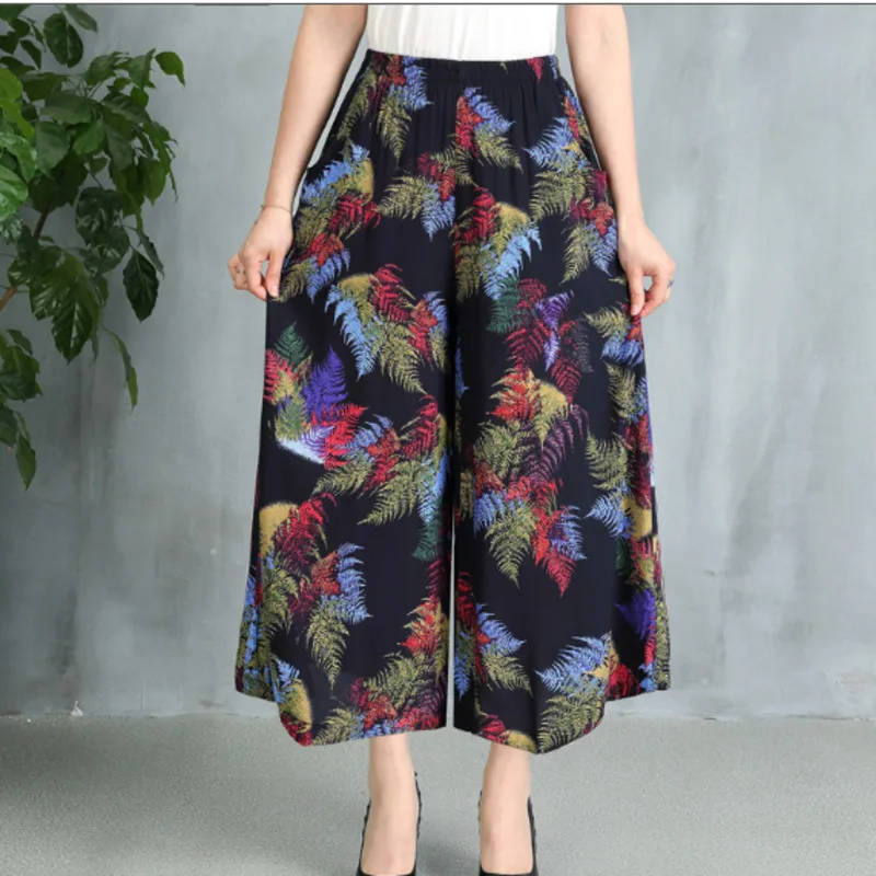 #0662 широкие брюки с принтом для женщин среднего возраста хлопковые летние